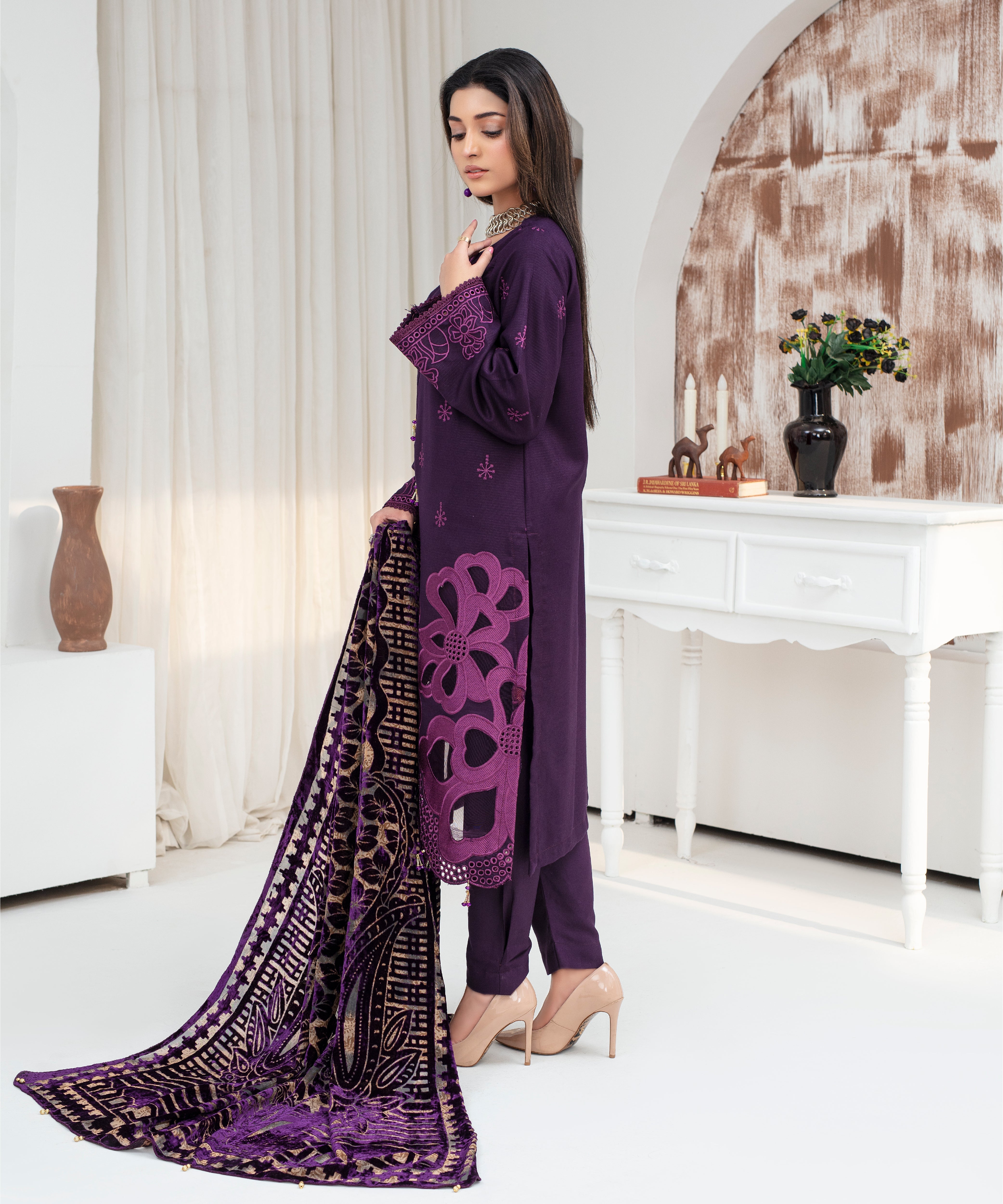 CREATION Dhanak 3PC Chikankari Embroidered Shirt With Velvet Plachi Shawl- 2108