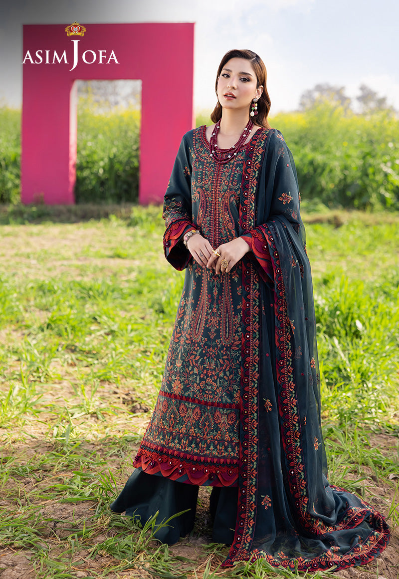 ASIM JOFA-3PC DHANAK EMBROIDERED SHIRT WITH DHANAK EMBROIDERED SHAWL AND TROUSER V677