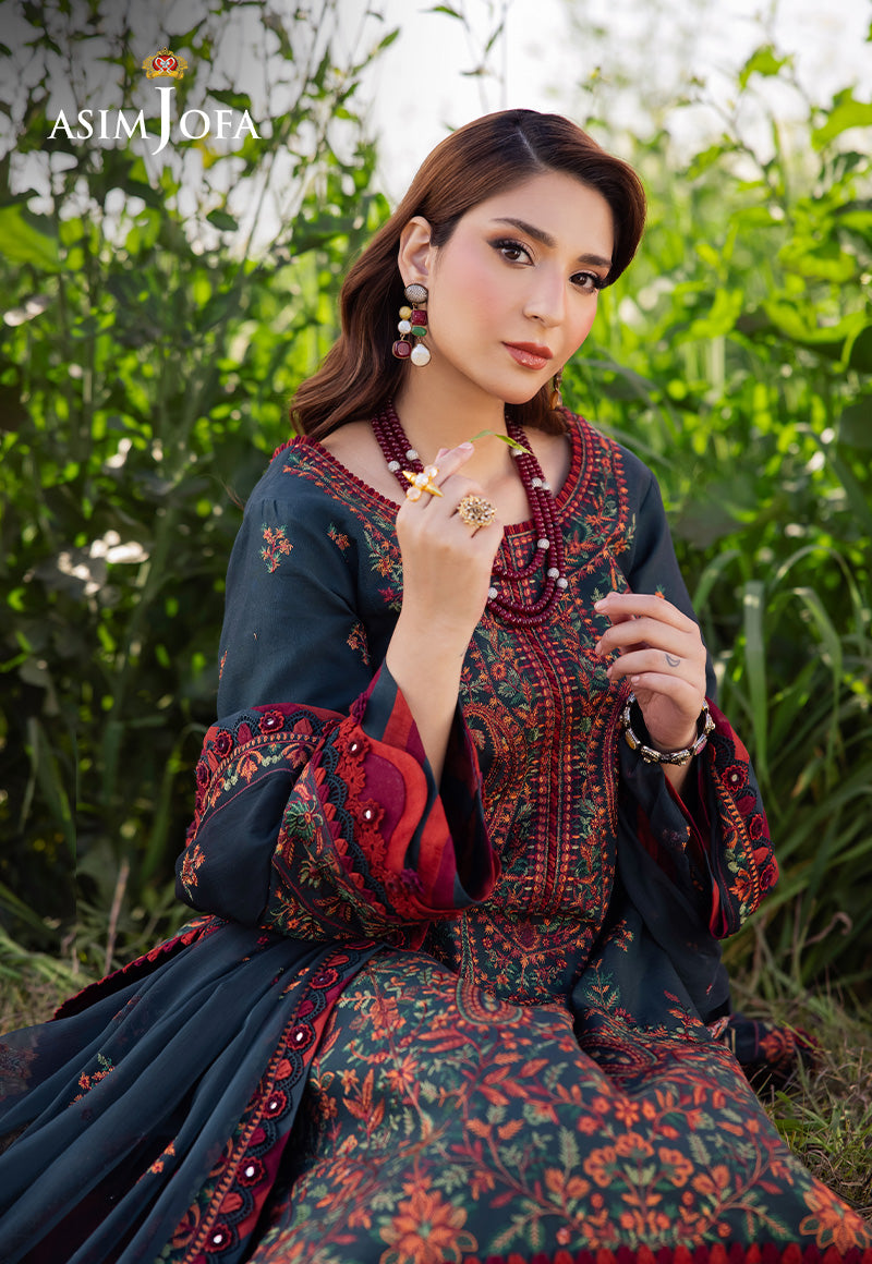 ASIM JOFA-3PC DHANAK EMBROIDERED SHIRT WITH DHANAK EMBROIDERED SHAWL AND TROUSER V677