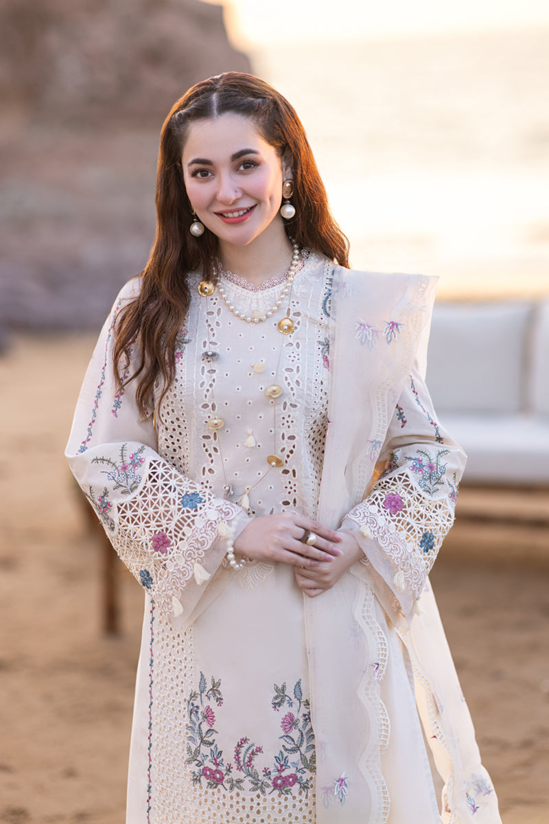QALAMKAR -OFF WHITE 3PC LAWN EMBROIDERED SHIRT WITH ORGANZA CUTWORK EMBROIDERED DUPATTA AND TROUSER V455