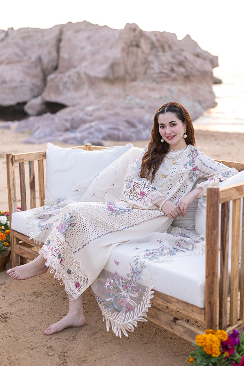 QALAMKAR -OFF WHITE 3PC LAWN EMBROIDERED SHIRT WITH ORGANZA CUTWORK EMBROIDERED DUPATTA AND TROUSER V455