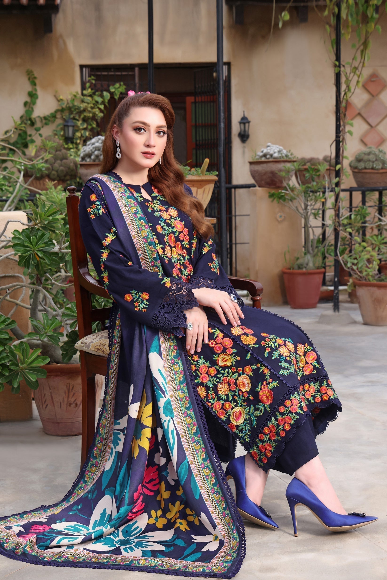 ASIM JOFA-3PC DHANAK EMBROIDERED SHIRT WITH COURTRAI PRINTED SHAWL & TROUSER  V676
