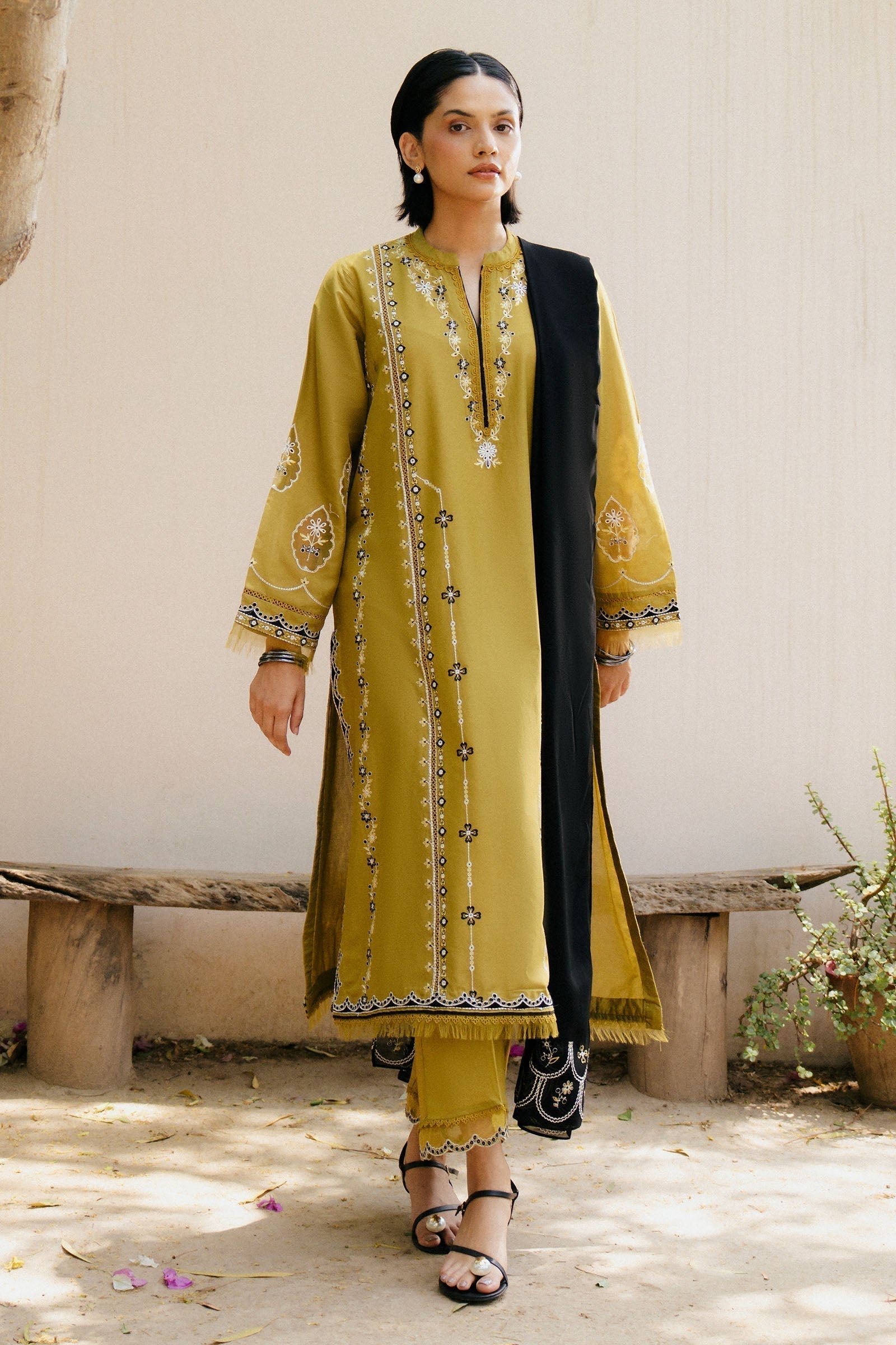'-3PC DHANAK EMBROIDERED SHIRT WITH CHIFFON EMBROIDERED SHAWL & DHANAK TOUSER- 673