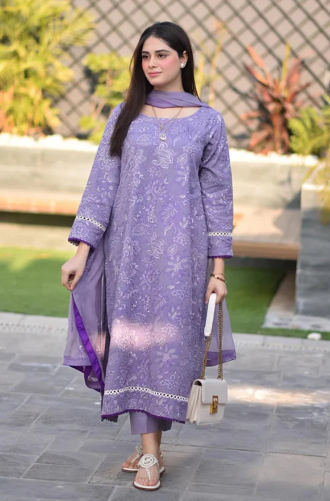 3 Pcs Embroidered Lawn Shirt with Embroidered Chifoon Dupatta V2575