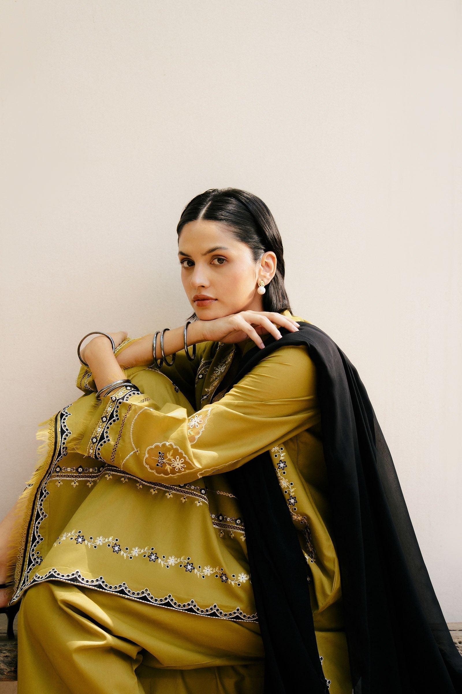 '-3PC DHANAK EMBROIDERED SHIRT WITH CHIFFON EMBROIDERED SHAWL & DHANAK TOUSER- 673