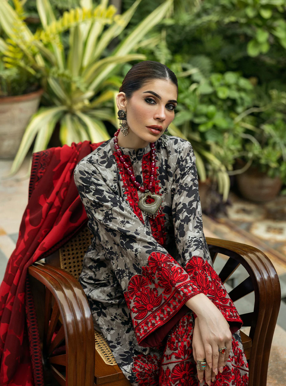 3 Pcs Digital Printed Lawn Shirt Trouser and Dupatta with Embroidered Patches V437
