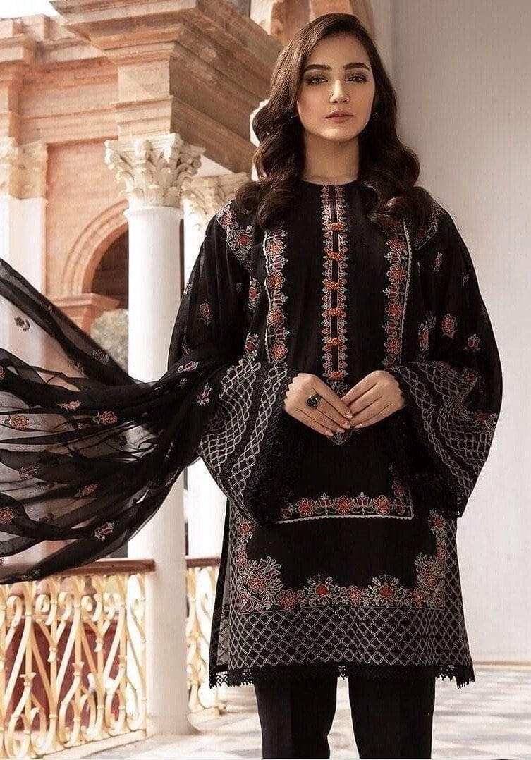 3 Piece Embroidered Lawn Shirt with Embroidered Bamber Chiffon Duppata V465