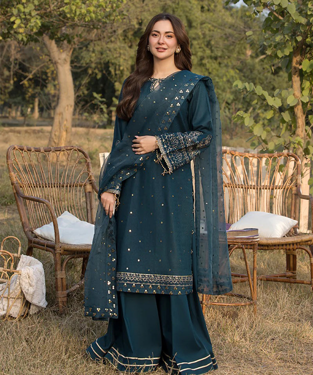 Dhanak-3PC Embroidered Shirt with Organza Embroidered Dupatta V110