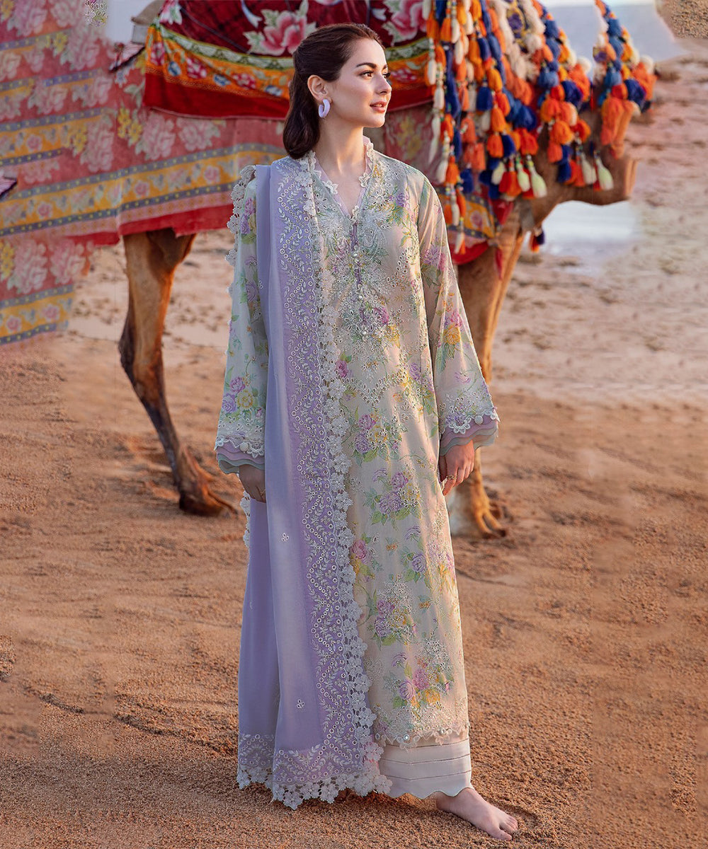 3PC-Printed Lawn Shirt With Voile Printed Dupatta V1544