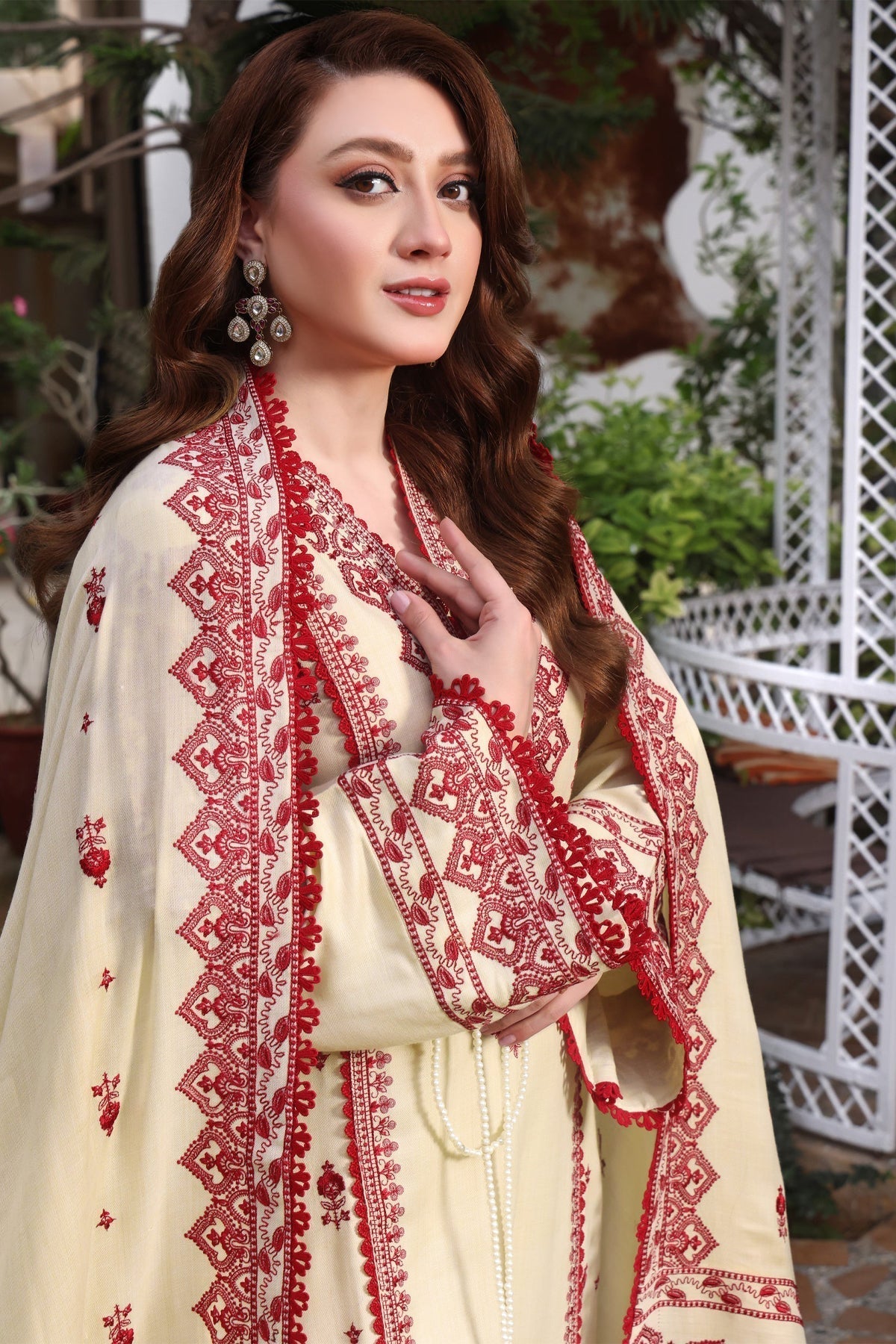 ANEELAS-3PC DHANAK EMBROIDERED SHIRT WITH DHANAK EMBROIDERED SHAWL & TROUSER V672