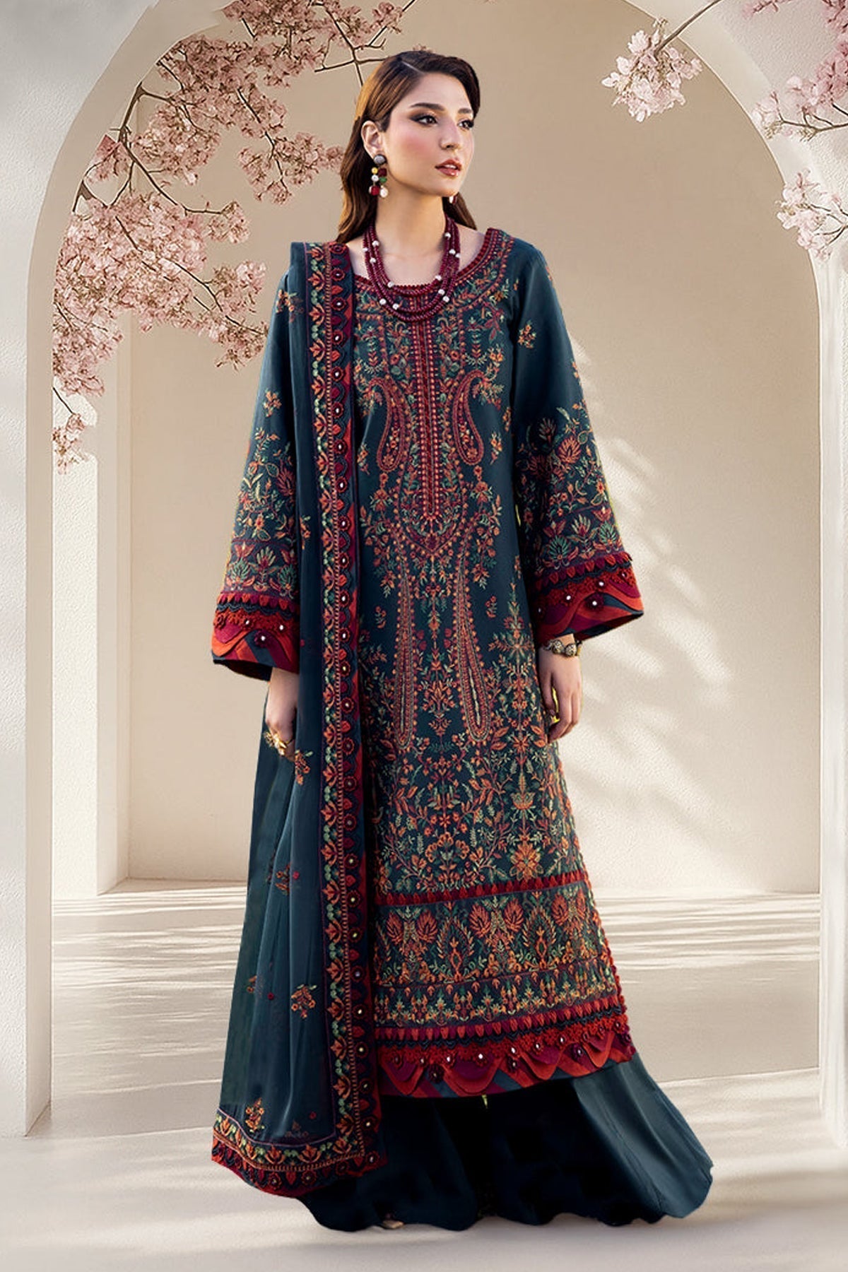 ASIM JOFA-3PC DHANAK EMBROIDERED SHIRT WITH DHANAK EMBROIDERED SHAWL AND TROUSER V677