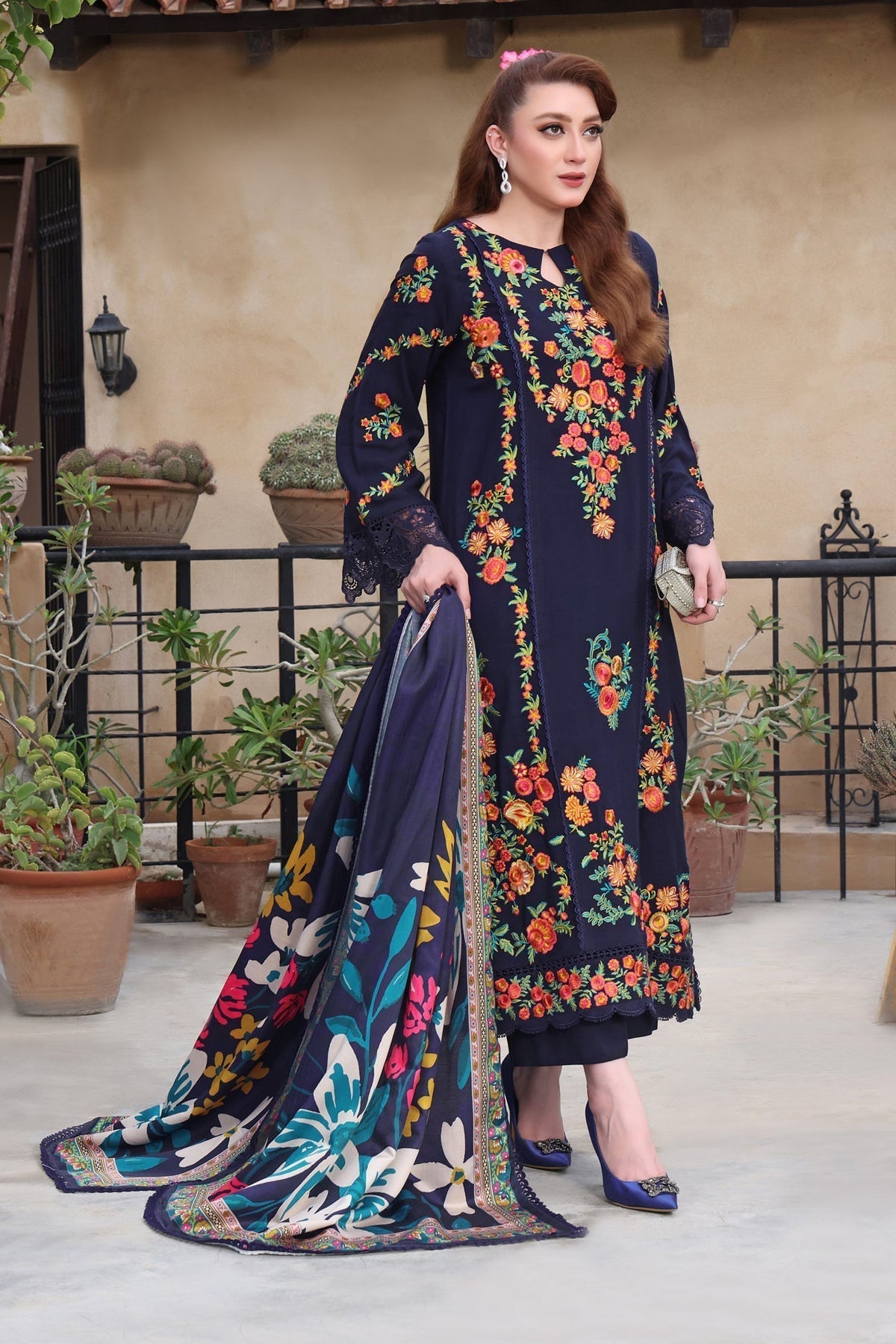 ASIM JOFA-3PC DHANAK EMBROIDERED SHIRT WITH COURTRAI PRINTED SHAWL & TROUSER  V676