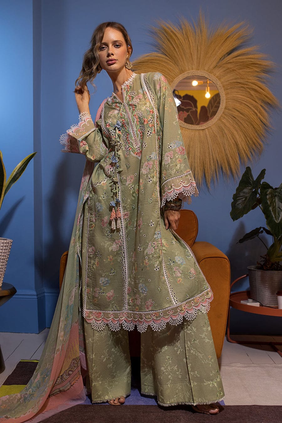 3 Piece Printed Lawn Shirt with Silk dupatta V15