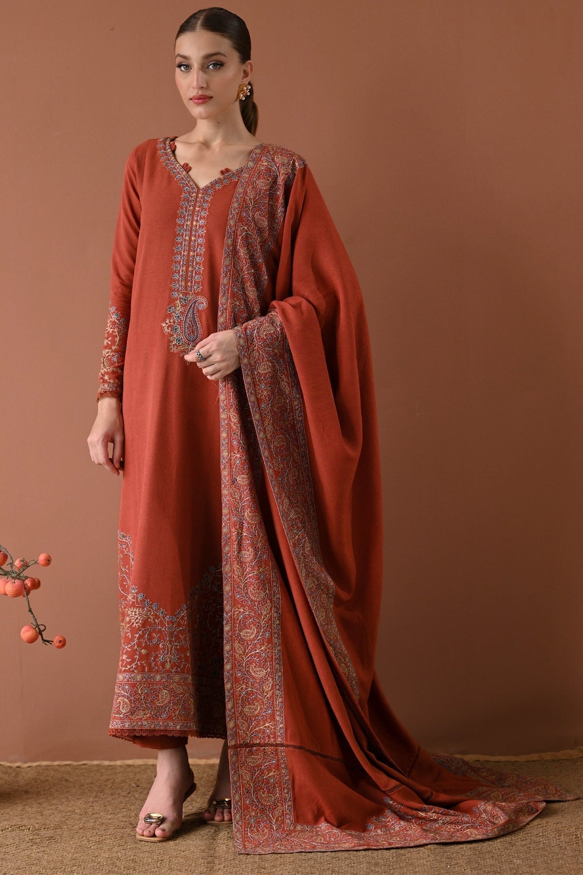 3PC DHANAK EMBROIDERED SHIRT WITH DHANAK EMBROIDERED SHAWL AND TROUSER V679