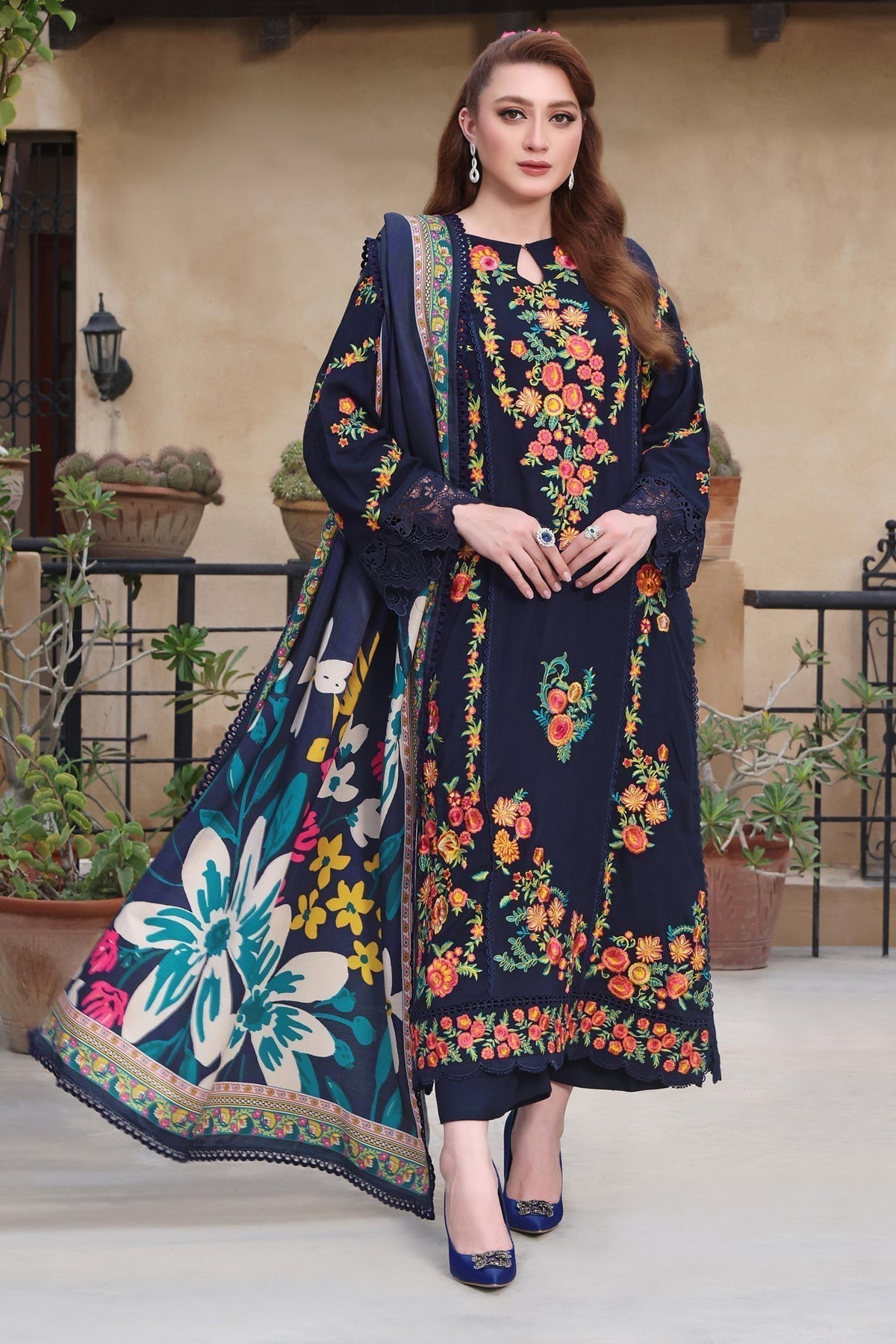 3PC Lawn EMBROIDERED SHIRT WITH COURTRAI PRINTED Dupatta & TROUSER   676