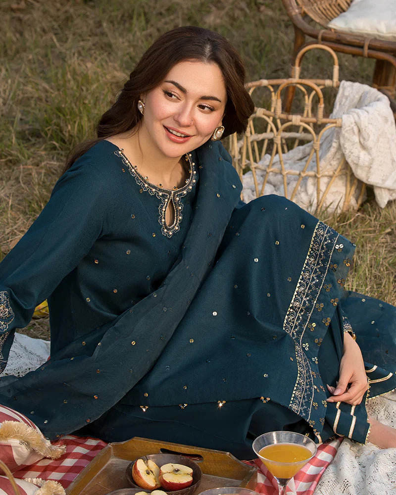 Dhanak -3PC Embroidered Shirt with Organza Sequence Embroidered Dupatta V1350