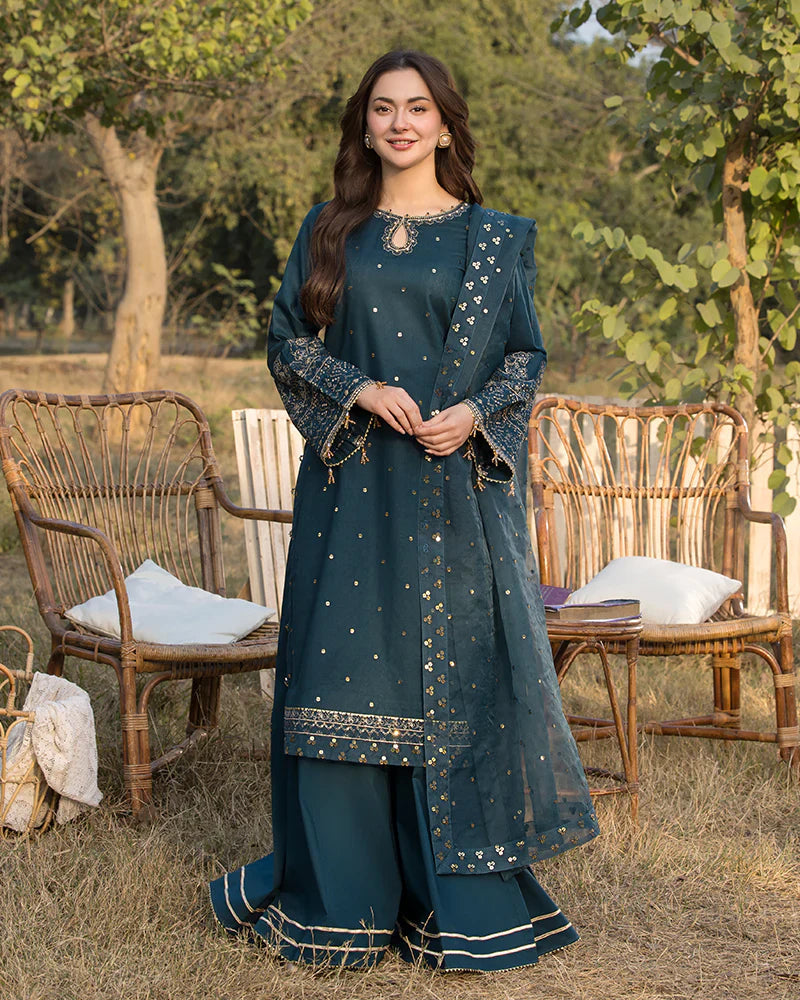 Dhanak -3PC Embroidered Shirt with Organza Sequence Embroidered Dupatta V1350
