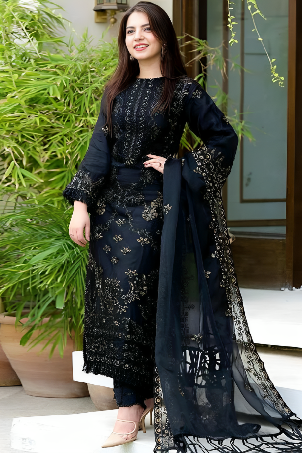Black Linen 3PC Embroidered V102