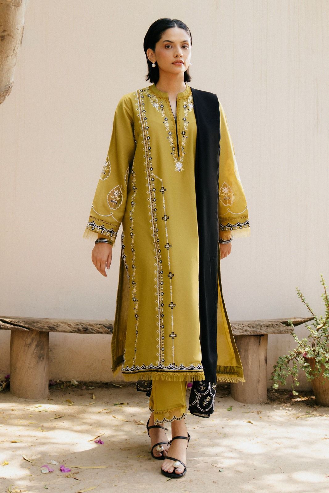 '-3PC DHANAK EMBROIDERED SHIRT WITH CHIFFON EMBROIDERED SHAWL & DHANAK TOUSER- 673