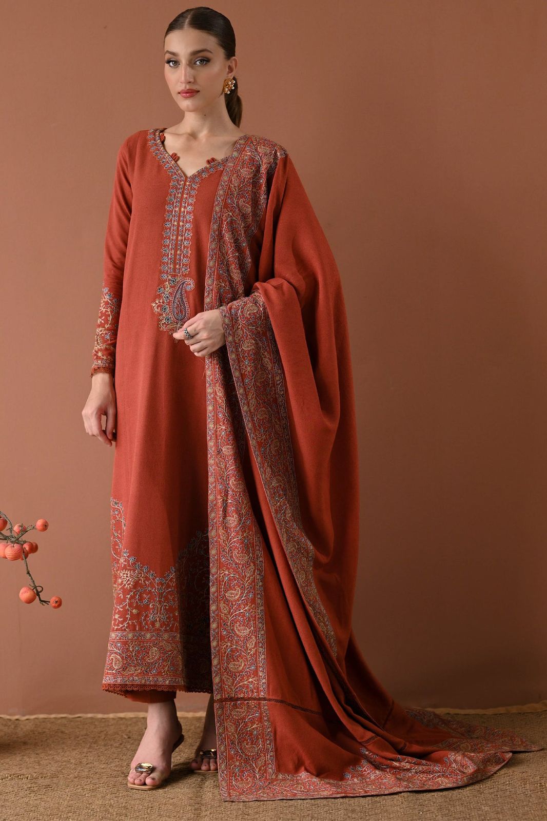 3PC DHANAK EMBROIDERED SHIRT WITH DHANAK EMBROIDERED SHAWL AND TROUSER V679