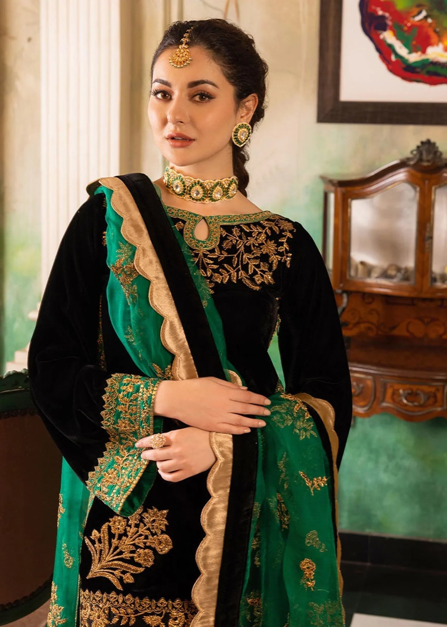 3 Piece Embroidered Velevt Shirt and Trouser with Embroidered Organza Dupatta JZ 953