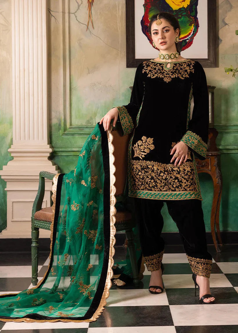 3 Piece Embroidered Velevt Shirt and Trouser with Embroidered Organza Dupatta JZ 953