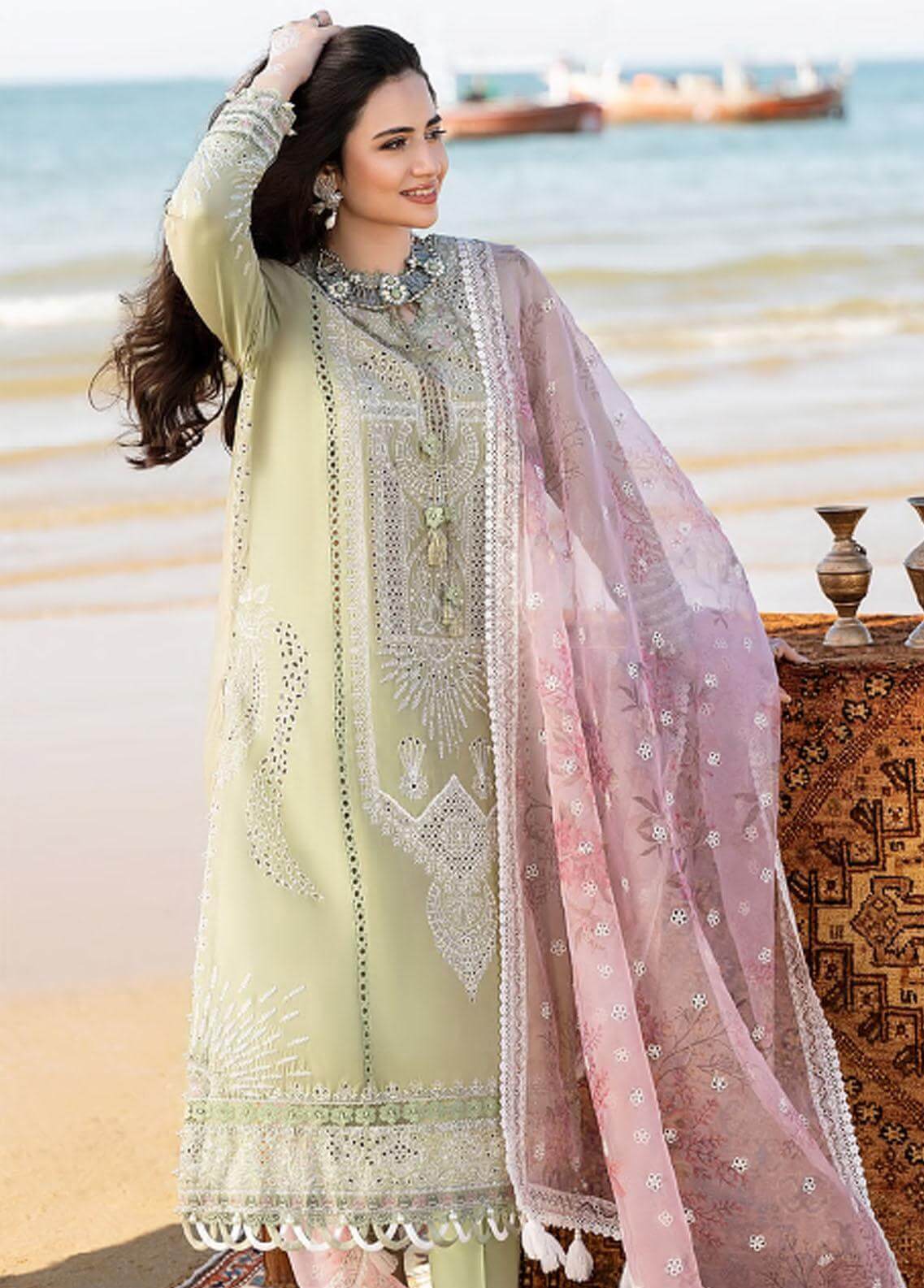 3 Piece Embroidered Lawn Shirt with Printed Organza Dupatta V10